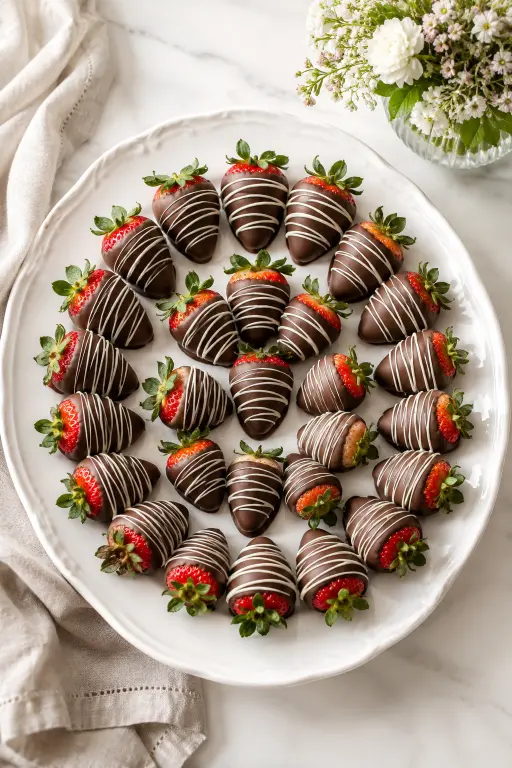 Finished chocolate covered strawberries with white chocolate drizzle on a serving platter