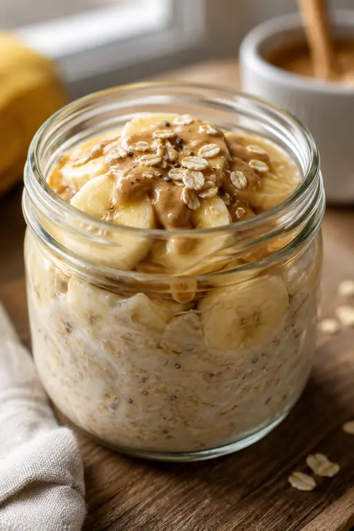 Close-up side angle of a glass jar filled with creamy oats, banana slices and a peanut butter drizzle on top, soft morning light, wood table background