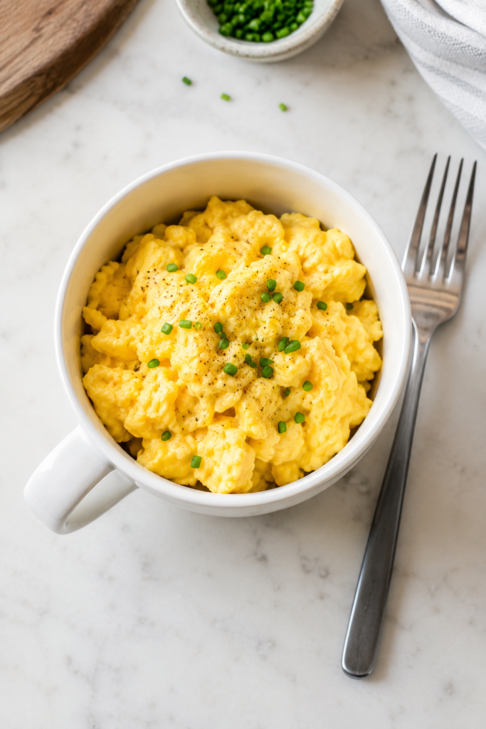 Fluffy microwave scrambled eggs in a white mug