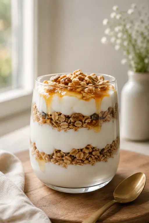 Layered Greek yogurt parfait with granola and honey in a glass