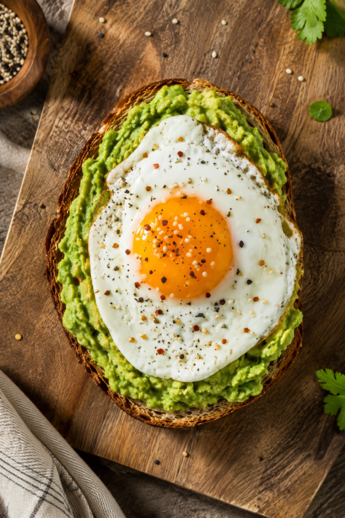 Avocado toast topped with a fried egg on a wooden board