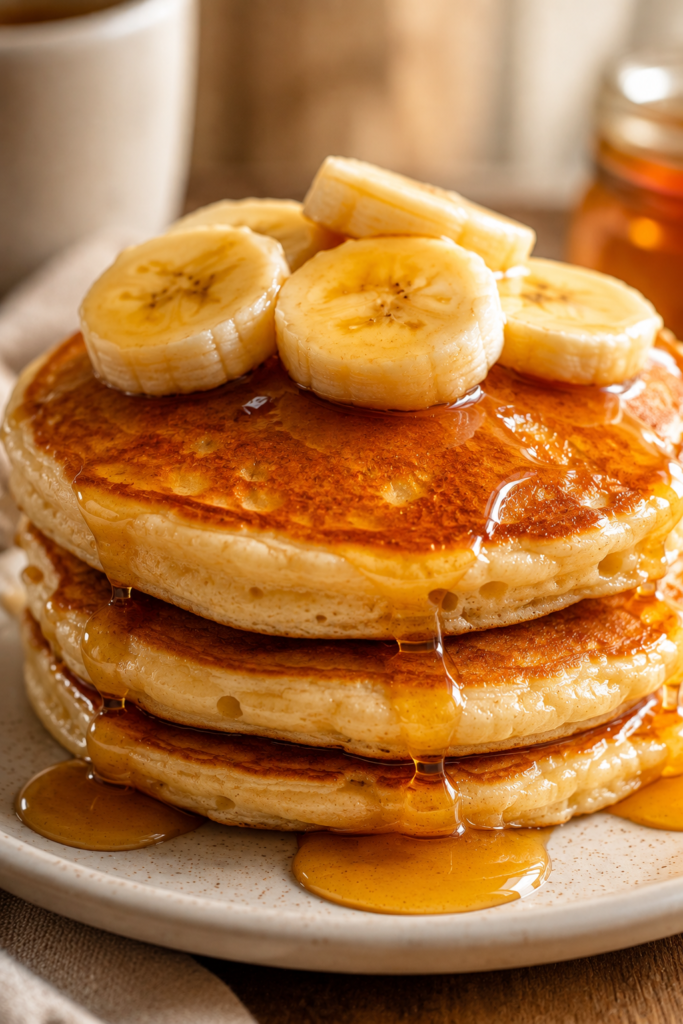 Stack of banana pancakes with syrup on a plate