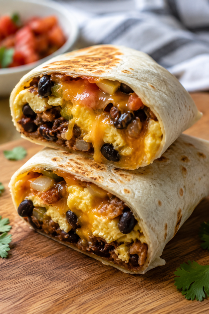 Breakfast burrito filled with eggs, beans, and cheese