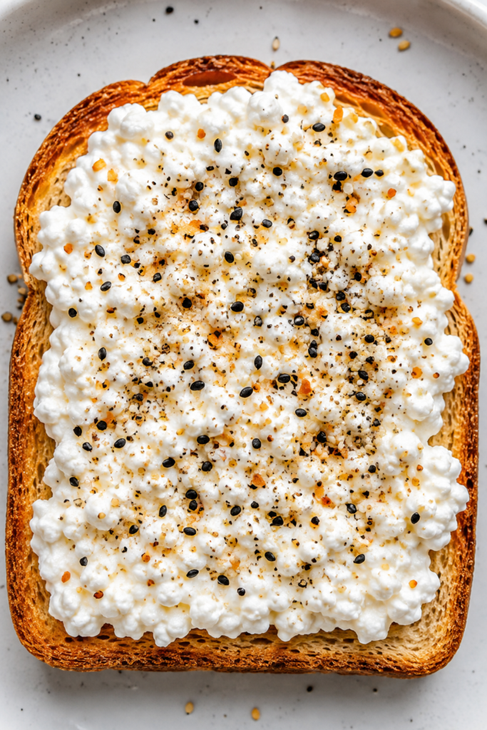 Toast topped with cottage cheese and everything bagel seasoning