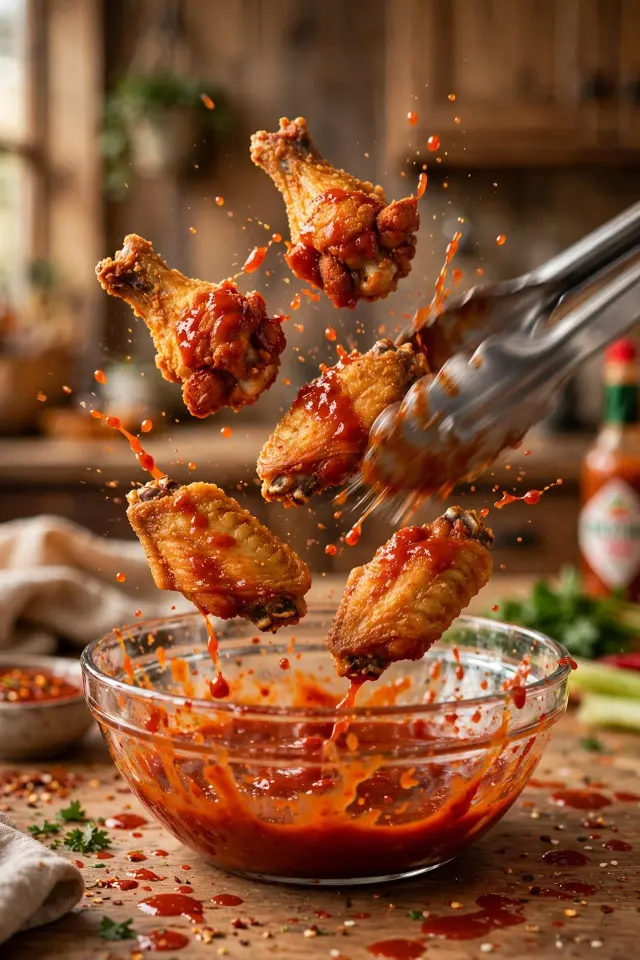 Crispy baked chicken wings being tossed in buffalo sauce in a mixing bow