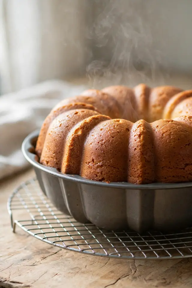 Golden baked bundt cake cooling in the pan before being turned out