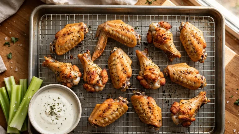Golden crispy oven baked chicken wings piled on a wire rack
