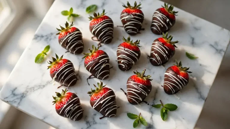 Glossy chocolate covered strawberries arranged on white marble with drizzle detai