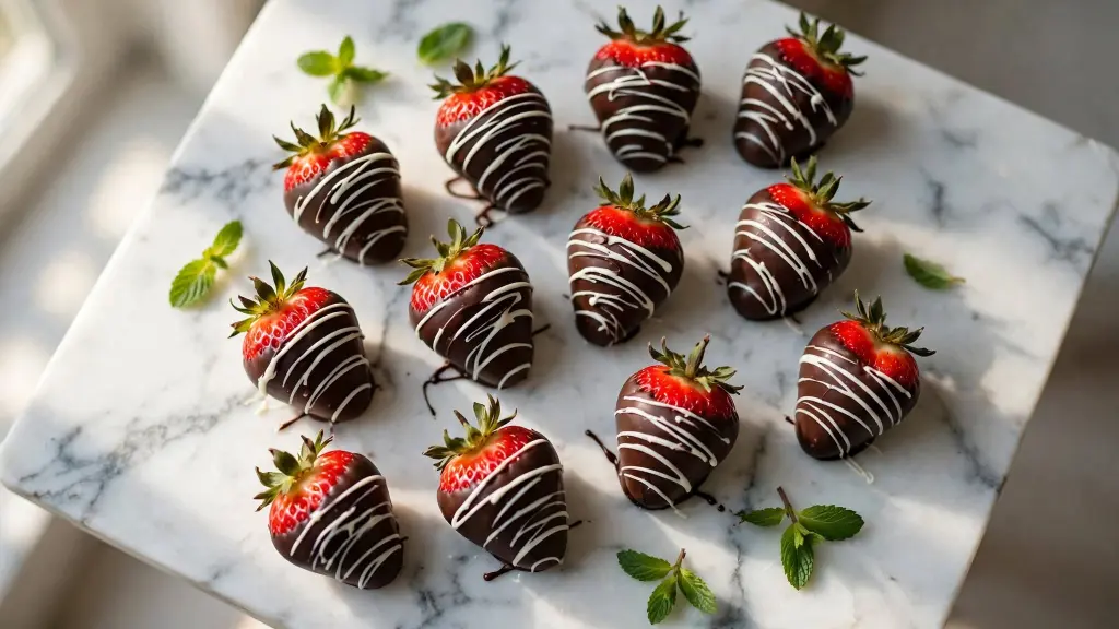 Glossy chocolate covered strawberries arranged on white marble with drizzle detai