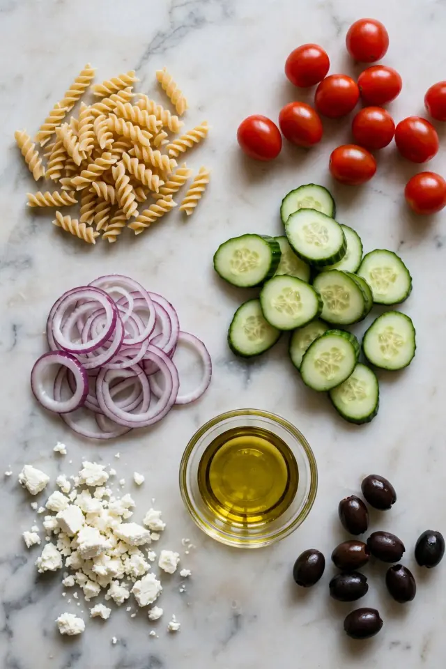Flat-lay of cold pasta salad ingredients including pasta, tomatoes, cucumber, feta, and olive oilFlat-lay of cold pasta salad ingredients including pasta, tomatoes, cucumber, feta, and olive oil