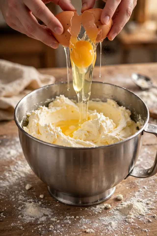 Creamed butter and sugar mixture with eggs being beaten into bundt cake batter