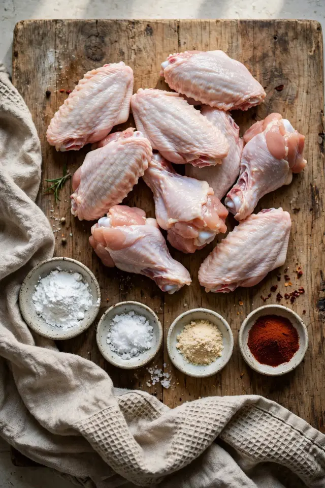 "Raw chicken wings, baking powder, and seasonings arranged on a kitchen counter
