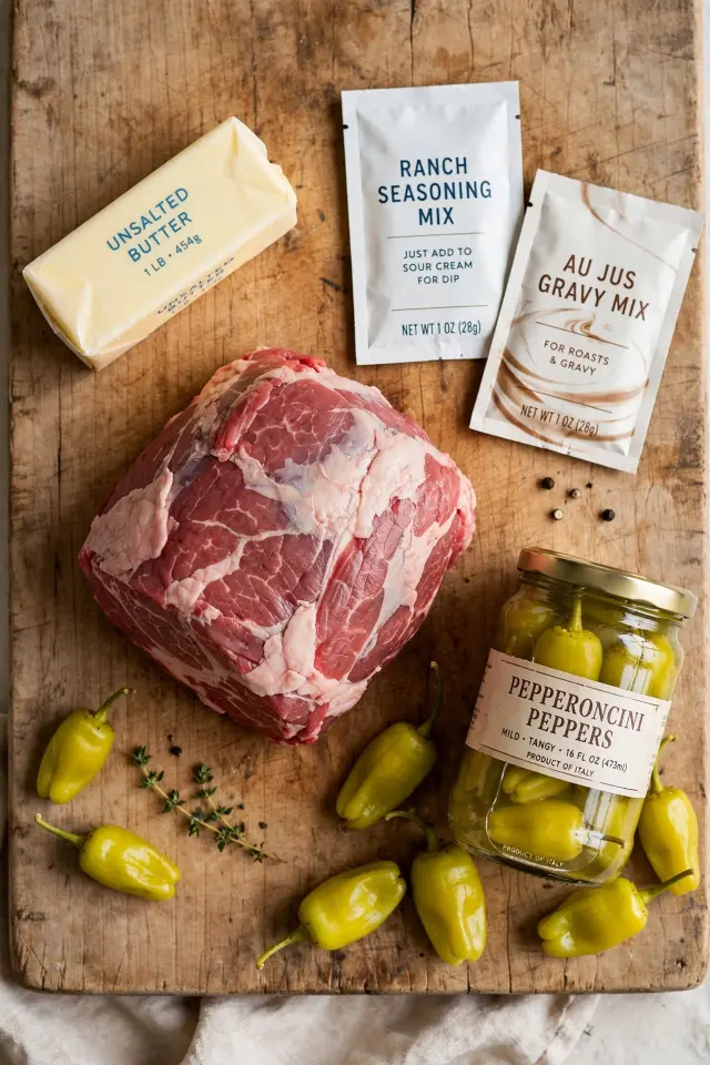 Ingredients laid out for Mississippi pot roast crock pot recipe including chuck roast, ranch packet, au jus packet, butter, and pepperoncini