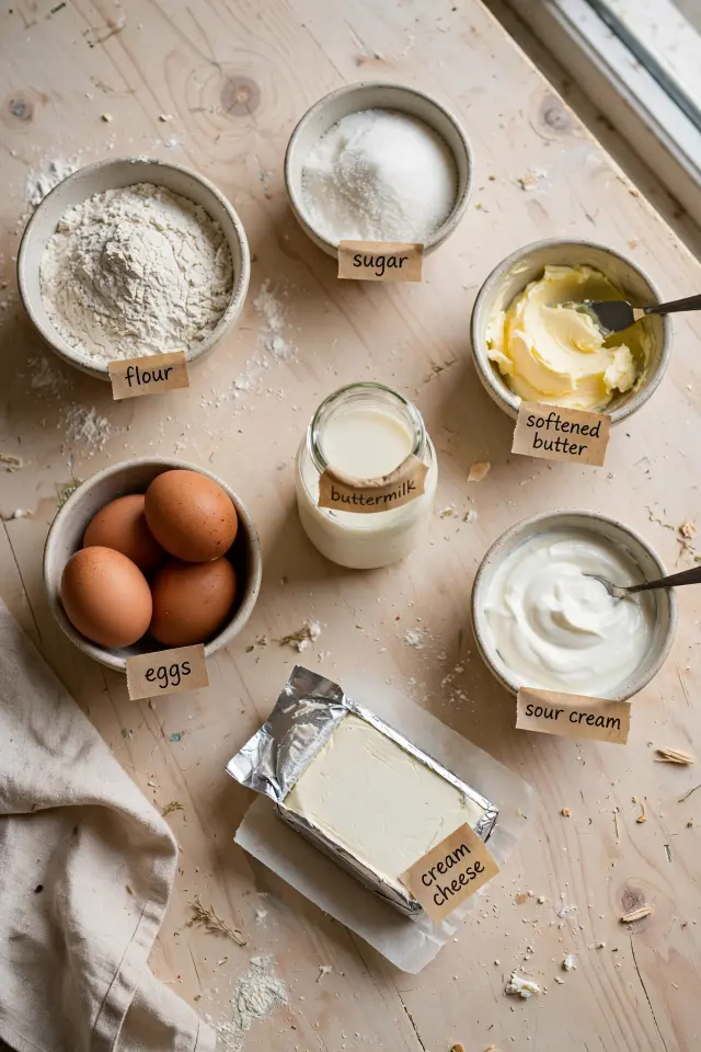 Flat-lay of ingredients for a copycat Nothing Bundt Cakes recipe including flour, butter, eggs, buttermilk, and cream cheese
