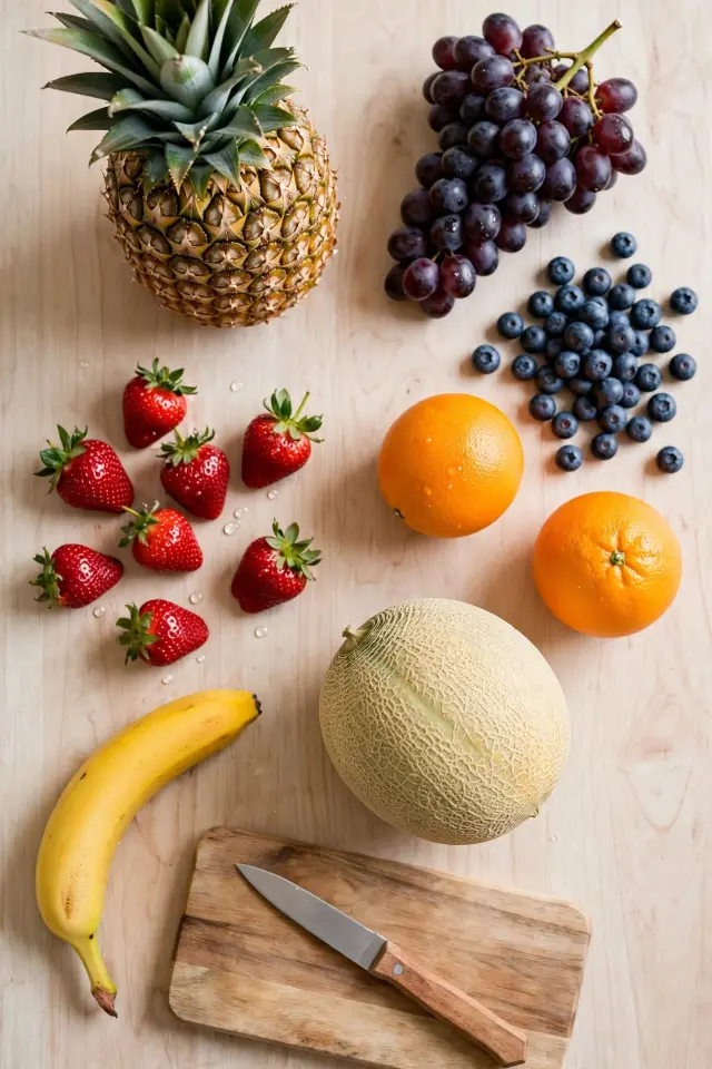 Flat-lay overhead photo of fresh whole fruit — strawberries, pineapple, grapes, oranges, blueberries, melon, and a banana — arranged on a light wood countertop with a cutting board and small paring knife, bright natural light."