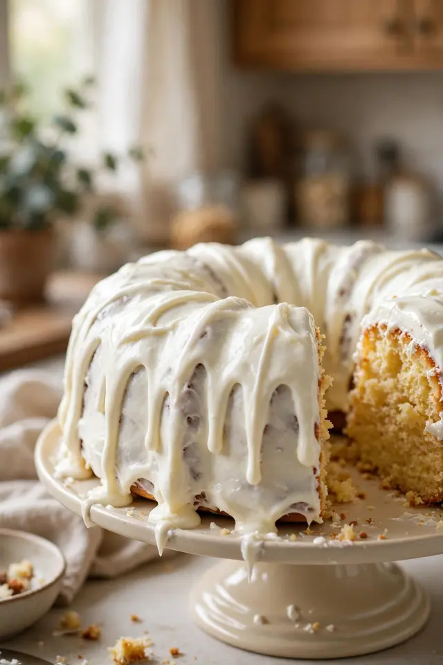 Copycat Nothing Bundt Cakes recipe frosted with cream cheese icing dripping down the sides