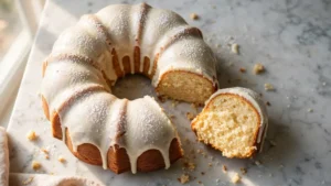 Sliced copycat Nothing Bundt Cakes recipe showing moist yellow cake and thick cream cheese frosting