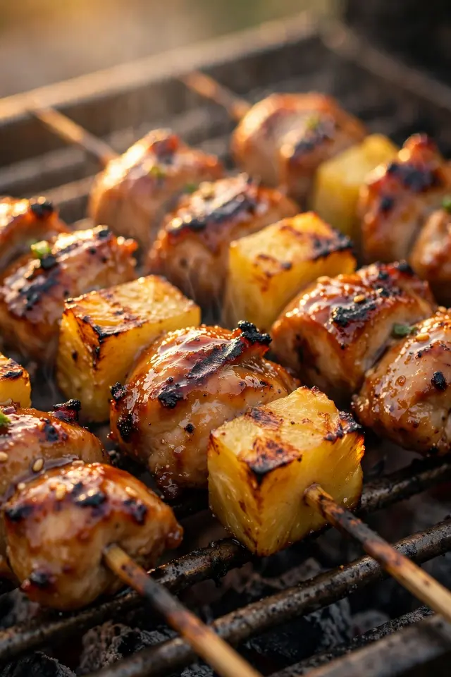 Grilled huli huli chicken skewers for an aloha party