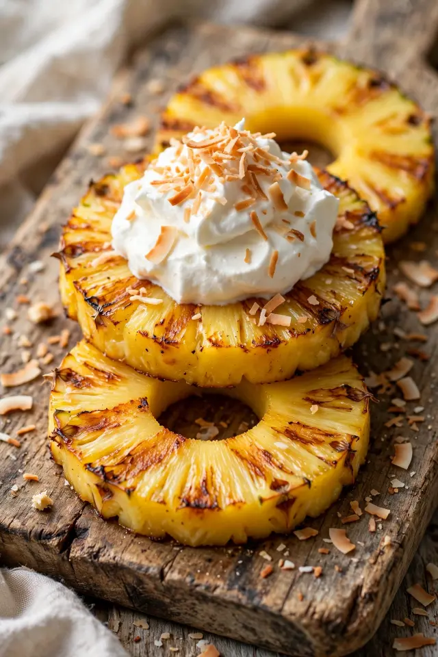 Grilled pineapple rings with light char marks, topped with a dollop of coconut whipped cream and toasted coconut flakes, rustic wooden board, natural light.