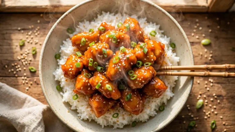 "Crispy orange chicken recipe served over rice with sesame seeds and green onions"
