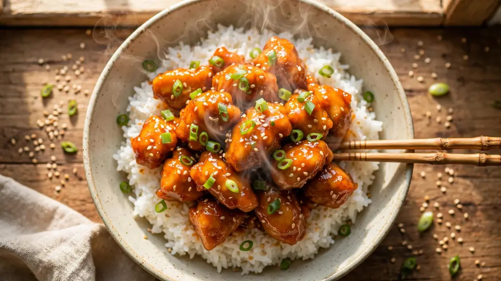 "Crispy orange chicken recipe served over rice with sesame seeds and green onions"