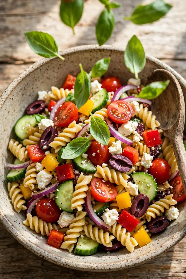 Fresh basil being added to finished cold pasta salad