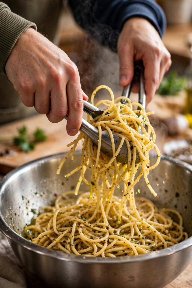 Pasta being tossed with dressing in a large mixing bowl" | Image prompt