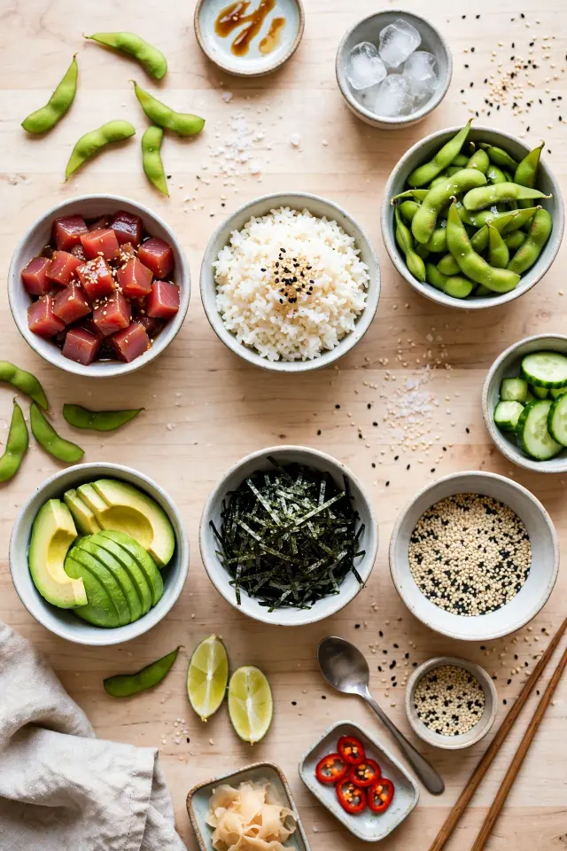 Fresh ahi poke bowl bar for an aloha themed party
