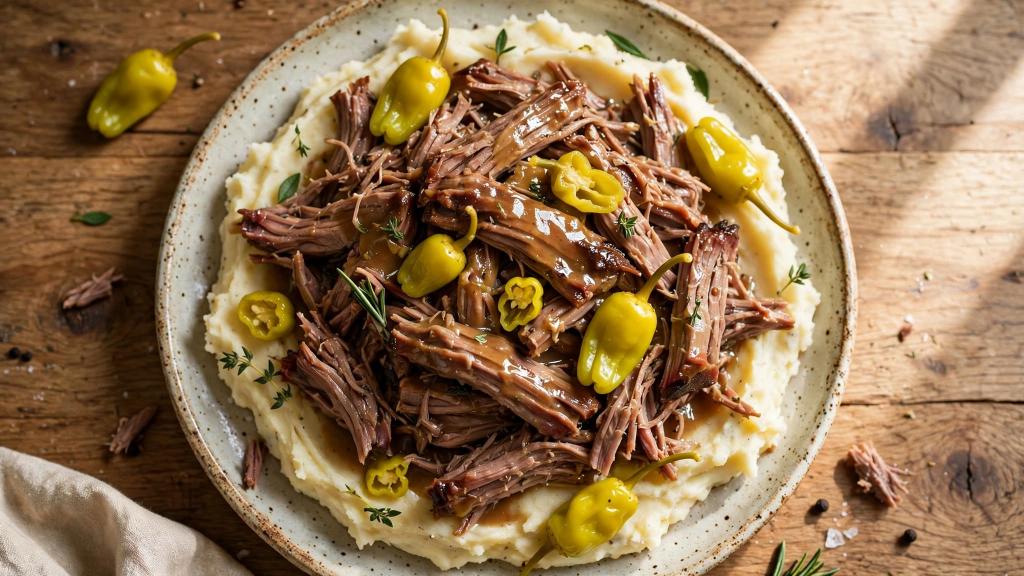 Shredded Mississippi pot roast crock pot recipe served over mashed potatoes with pepperoncini