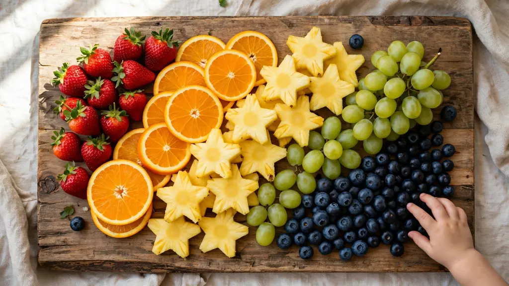 Rainbow fruit platter for kids arranged on a wooden board
