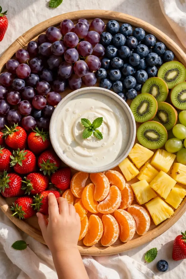 Finished fruit platter for kids arranged in a rainbow pattern with dip