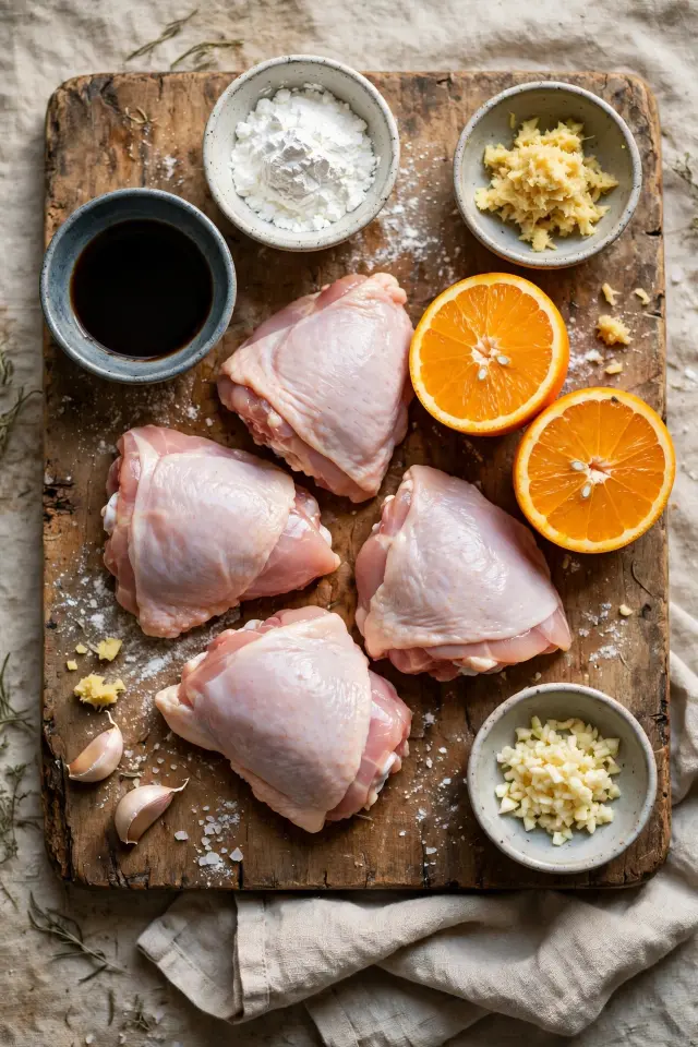 :ingredients for orange chicken recipe laid out including chicken thighs, orange, soy sauce, and cornstarch