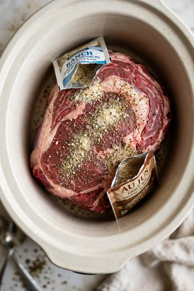 Ranch and au jus seasoning sprinkled over raw chuck roast in a crock pot