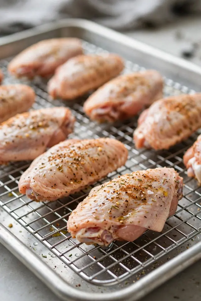 Seasoned chicken wings arranged in a single layer on a wire rack over a baking sheet