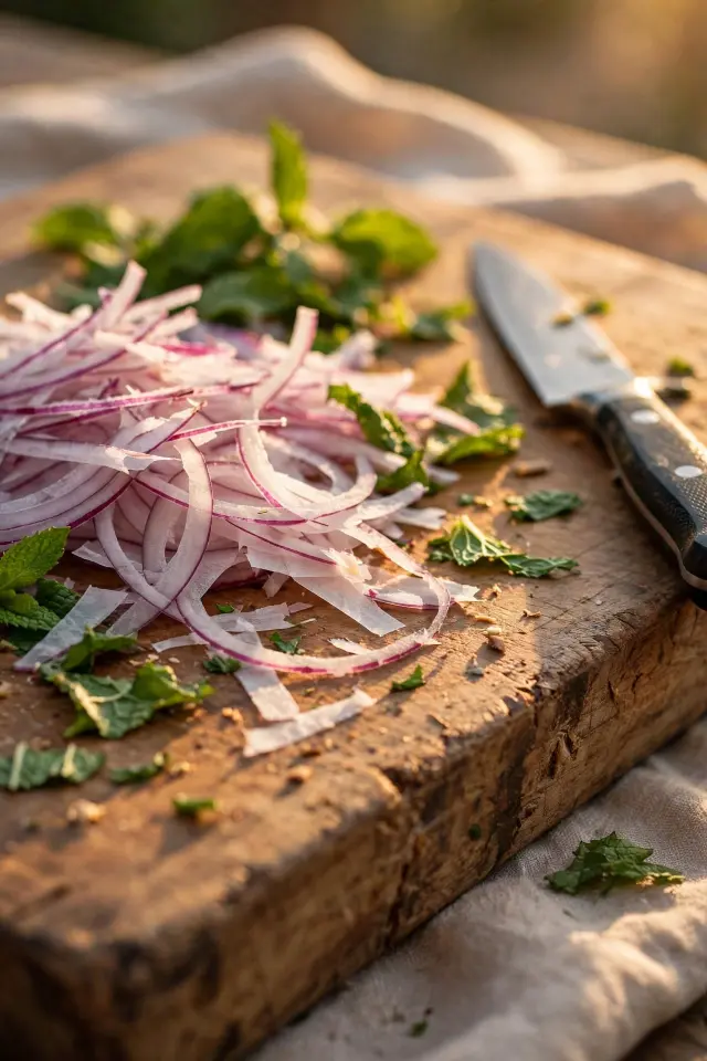 Thinly sliced red onion and torn mint leaves on a cutting board