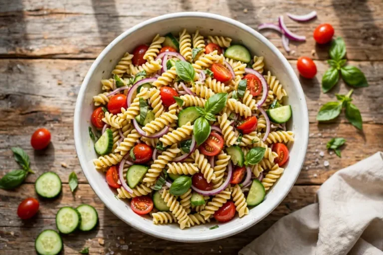Overhead shot of cold pasta salad in a large white bowl with cherry tomatoes and fresh basil