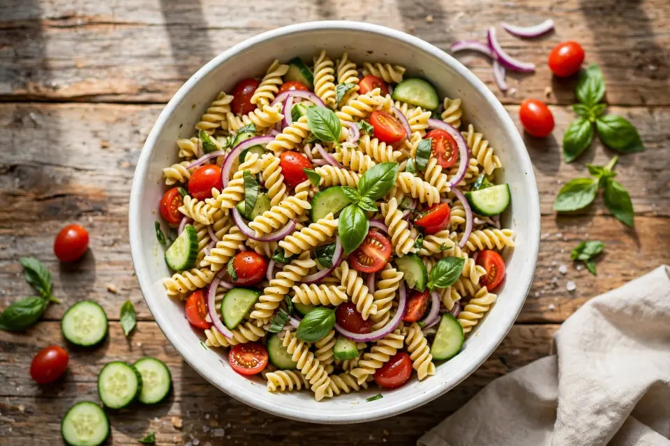 Overhead shot of cold pasta salad in a large white bowl with cherry tomatoes and fresh basil