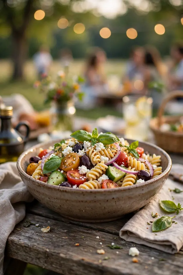 Finished cold pasta salad served in a bowl with a serving spoon