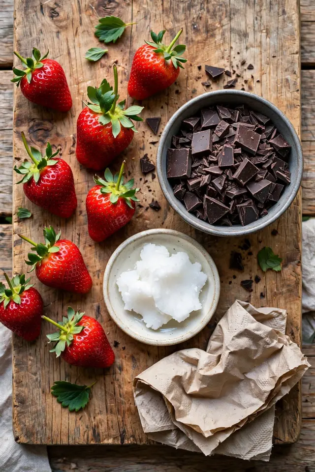 Flat lay of fresh strawberries, chopped dark chocolate, and coconut oil for chocolate covered strawberrie