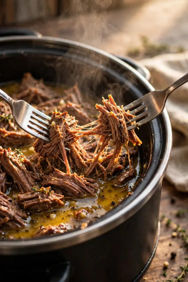 Fork shredding tender Mississippi pot roast in slow cooker with buttery pepperoncini sauce