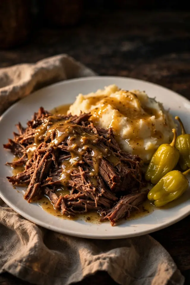 Mississippi pot roast crock pot recipe plated with mashed potatoes and pepperoncini garnish