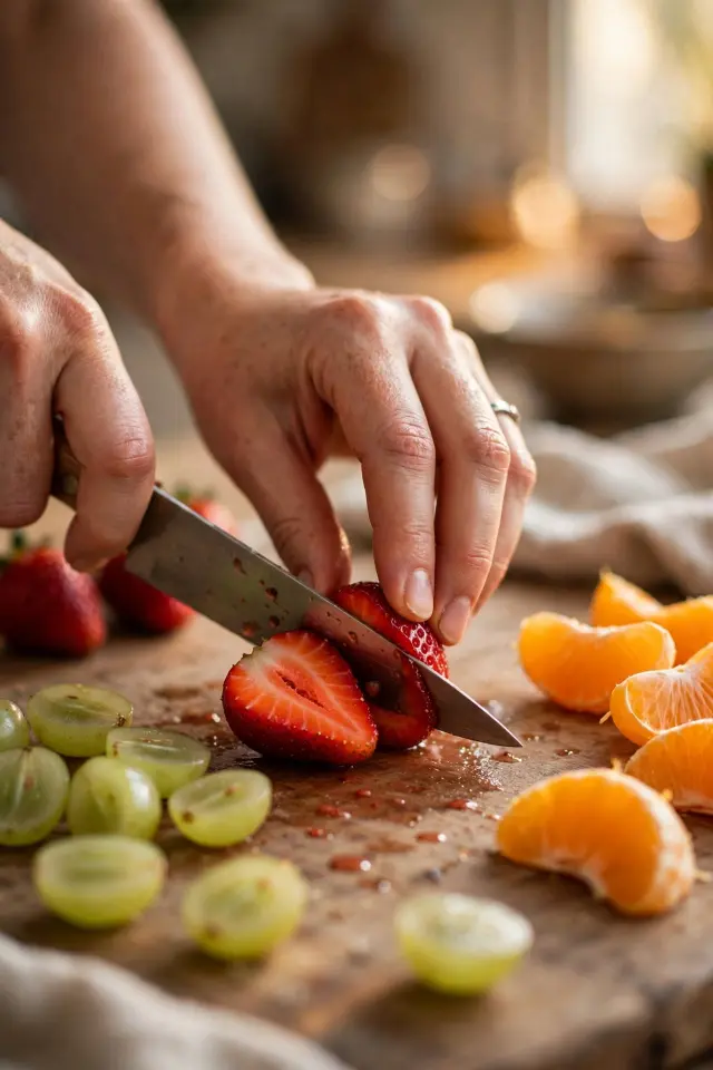Cutting strawberries and grapes into small pieces for a fruit platter