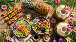 Colorful spread of aloha party food ideas on a wooden table