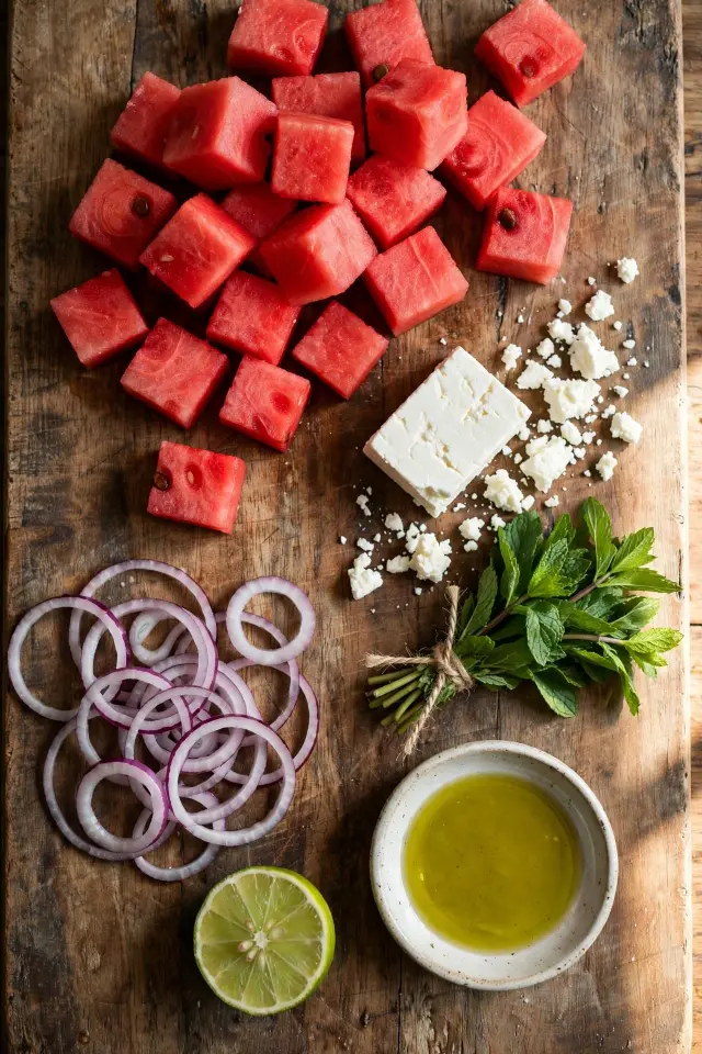 "Ingredients for watermelon salad laid out including watermelon cubes, feta, mint, and red onion