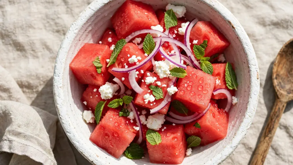 Easy watermelon salad with feta and mint in a white bowl