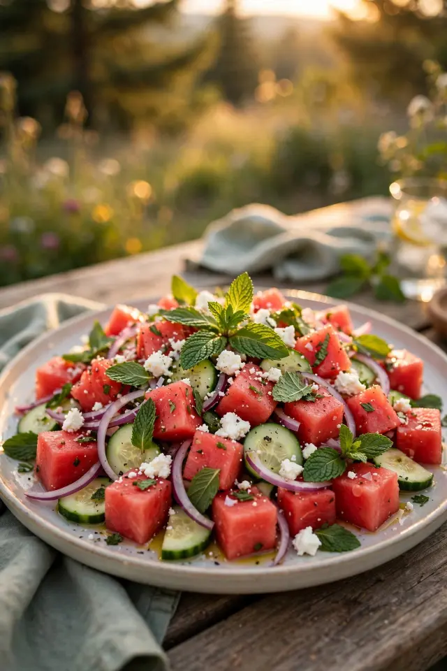 Plated easy watermelon salad garnished with mint and feta
