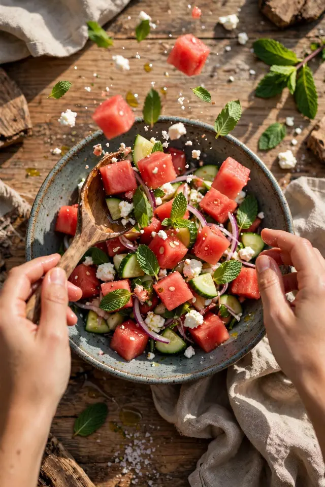 Finished watermelon salad being tossed with feta and mint dressing