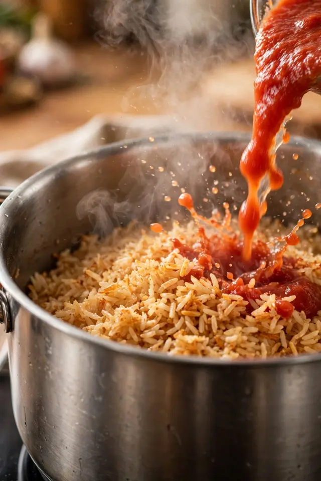 Blended tomato sauce being poured over toasted rice in a pot for Guatemalan rice