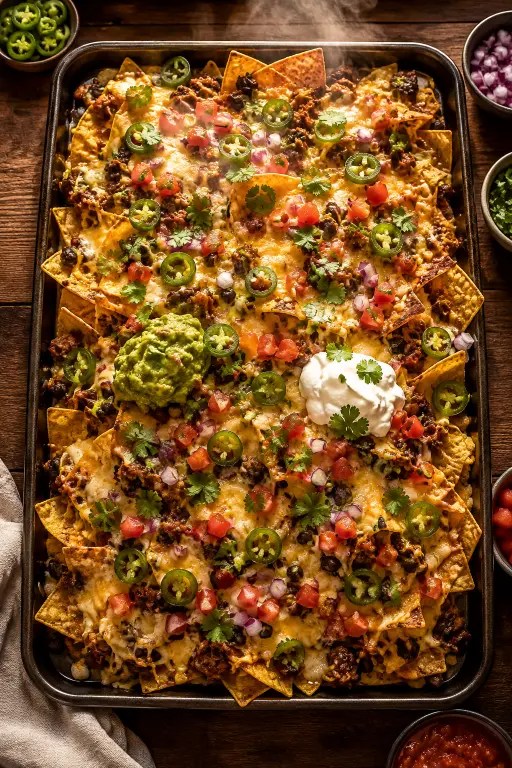 Sheet pan of loaded nachos for a birthday party