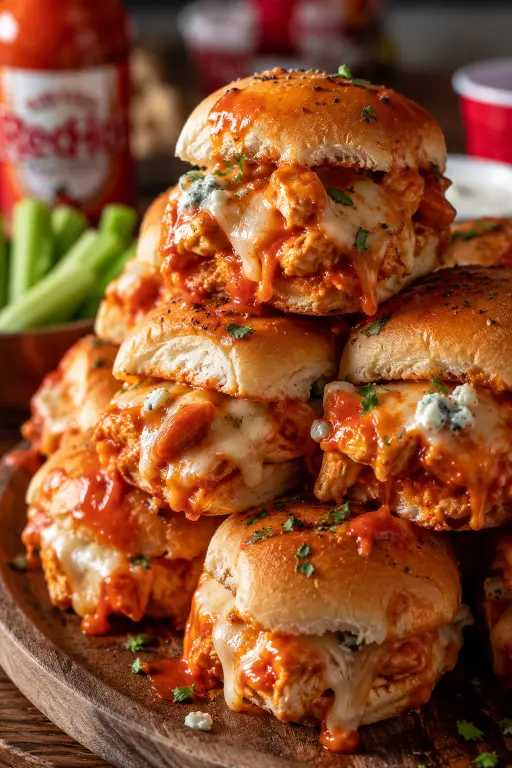Stack of buffalo chicken sliders on a platter" | Image prompt: